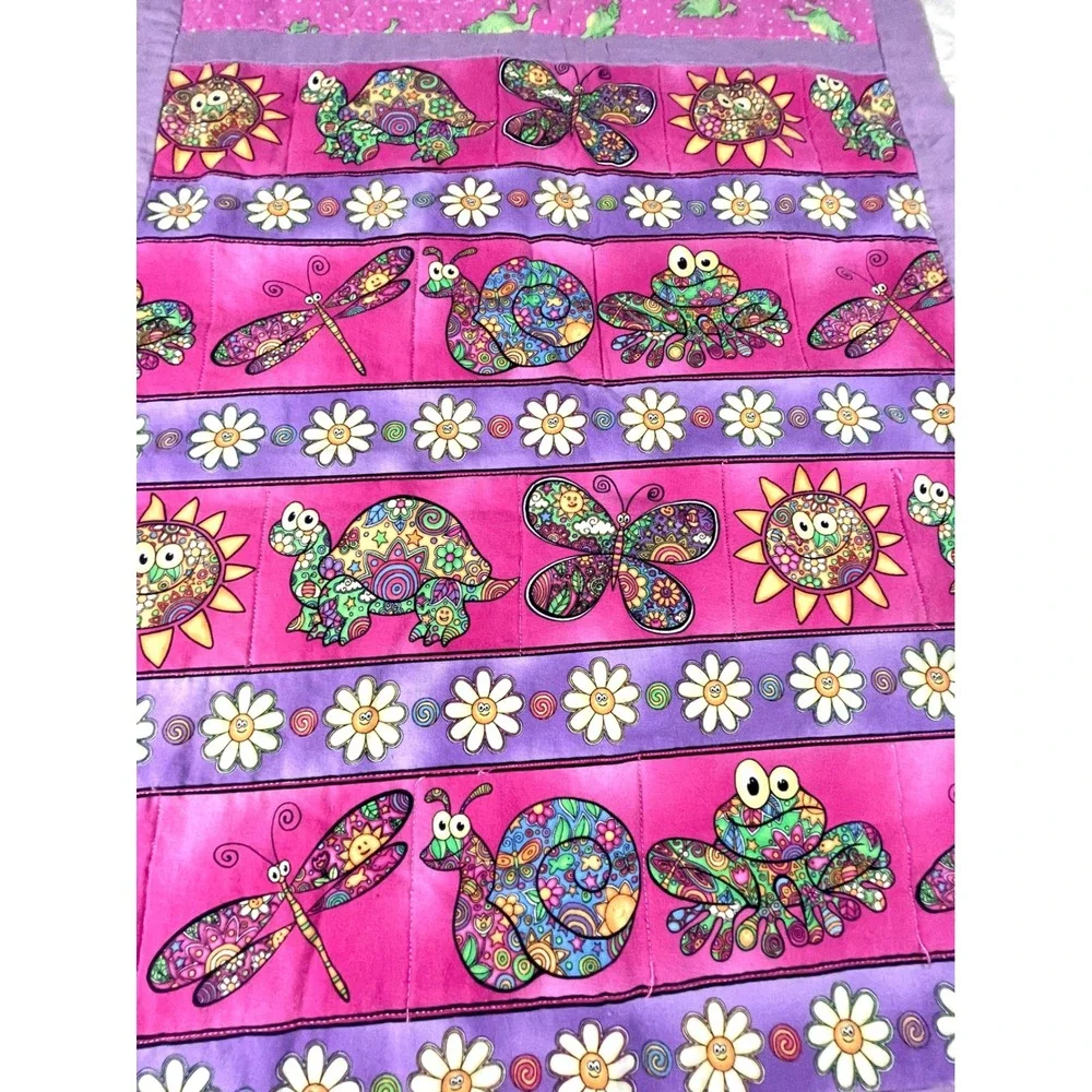 Handmade Quilt Kids 41x31 Green Pink Double Sided Frog Turtle Dragonfly Boho